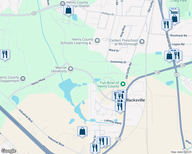 map of restaurants, bars, coffee shops, grocery stores, and more near 2004 Henry Parkway Connector in McDonough