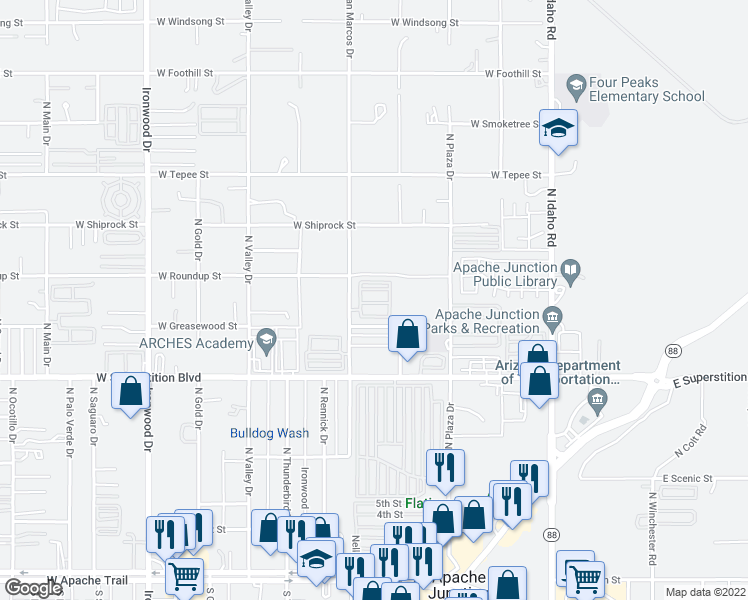 map of restaurants, bars, coffee shops, grocery stores, and more near 926 North Monterey Drive in Apache Junction