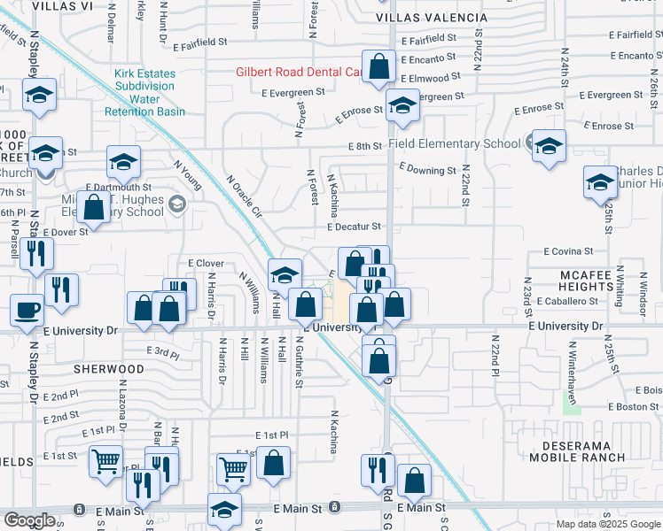 map of restaurants, bars, coffee shops, grocery stores, and more near 1900 East University Drive in Mesa