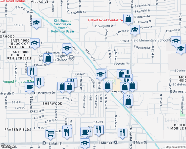 map of restaurants, bars, coffee shops, grocery stores, and more near 507 North Williams in Mesa