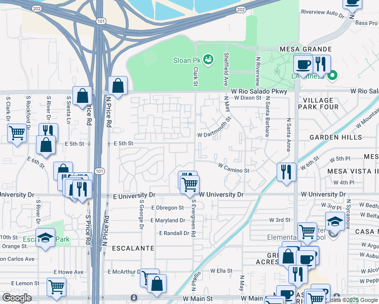 map of restaurants, bars, coffee shops, grocery stores, and more near 538 South Evergreen Road in Tempe