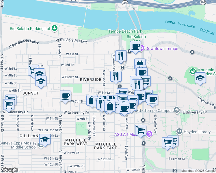 map of restaurants, bars, coffee shops, grocery stores, and more near 414 West 6th Street in Tempe