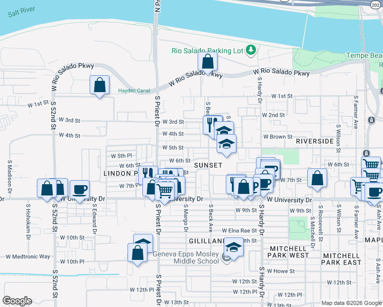 map of restaurants, bars, coffee shops, grocery stores, and more near 1301 West 6th Street in Tempe