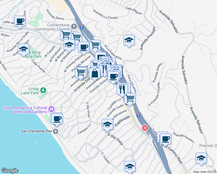 map of restaurants, bars, coffee shops, grocery stores, and more near 203 Avenida Monterey in San Clemente