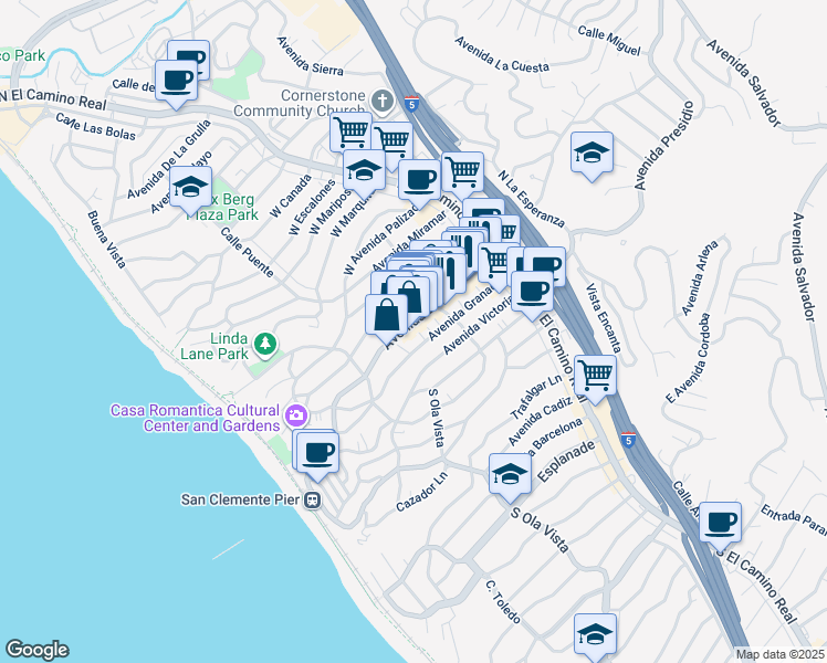 map of restaurants, bars, coffee shops, grocery stores, and more near 240 Avenida Granada in San Clemente