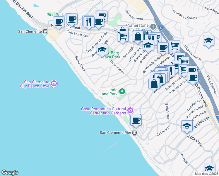 map of restaurants, bars, coffee shops, grocery stores, and more near 267 West Marquita in San Clemente