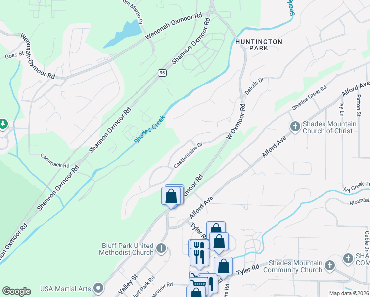 map of restaurants, bars, coffee shops, grocery stores, and more near 921 Castlemaine Drive in Birmingham