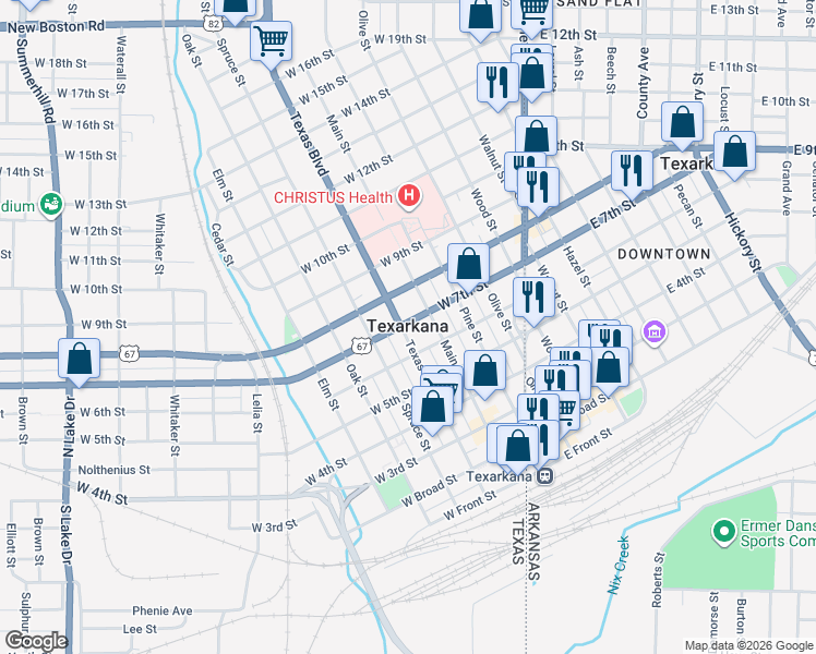 map of restaurants, bars, coffee shops, grocery stores, and more near in Texarkana