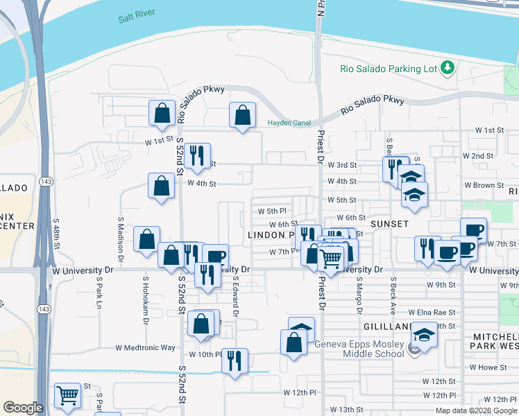 map of restaurants, bars, coffee shops, grocery stores, and more near 1538 West 6th Street in Tempe