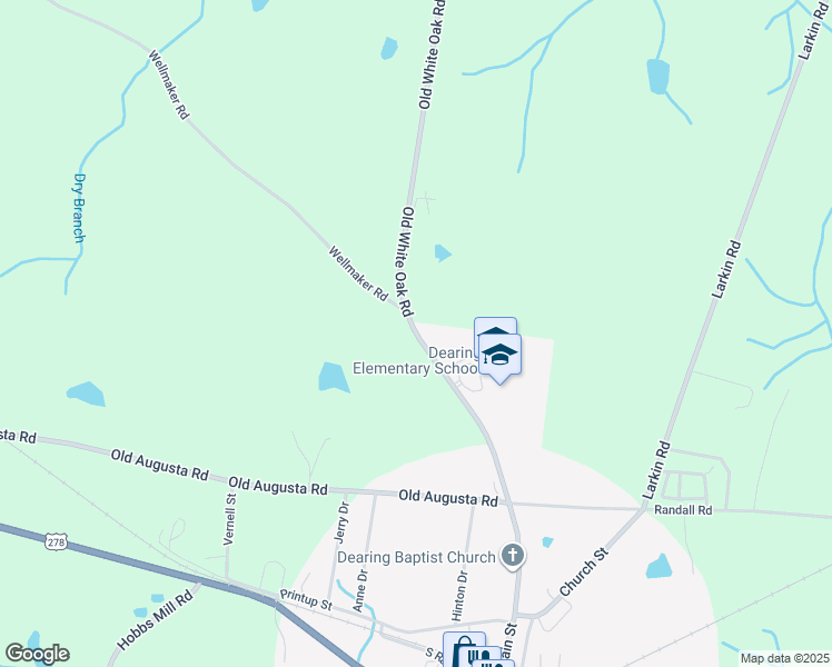 map of restaurants, bars, coffee shops, grocery stores, and more near 500 North Main Street in Dearing