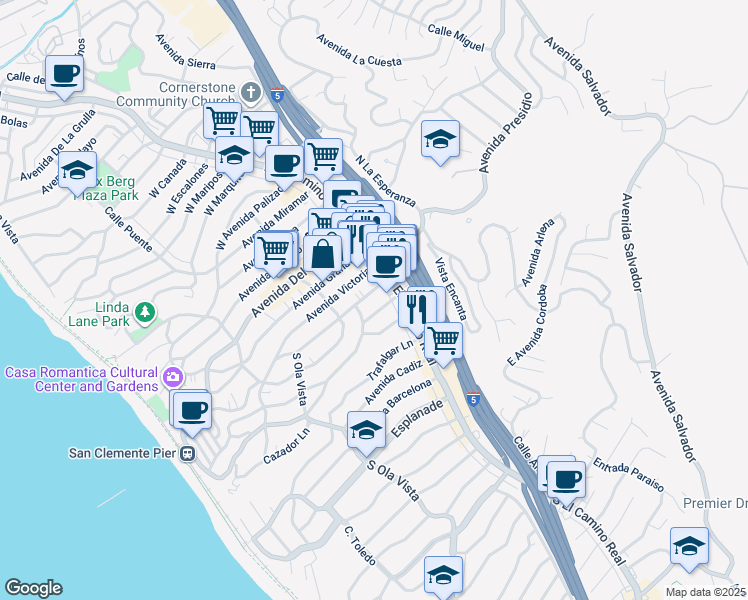 map of restaurants, bars, coffee shops, grocery stores, and more near 115 Avenida Rosa in San Clemente