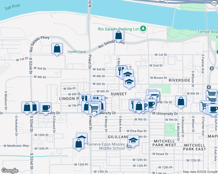 map of restaurants, bars, coffee shops, grocery stores, and more near 1301 West 6th Street in Tempe