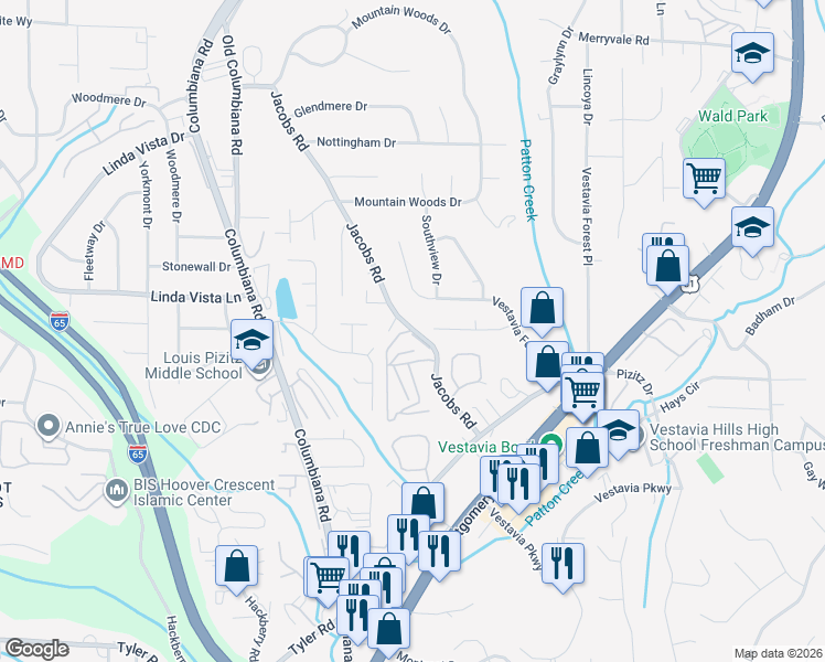 map of restaurants, bars, coffee shops, grocery stores, and more near 2575 Mountain Lodge Circle in Vestavia Hills