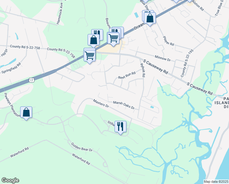 map of restaurants, bars, coffee shops, grocery stores, and more near 37 Porpoise Court in Pawleys Island