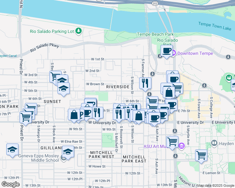 map of restaurants, bars, coffee shops, grocery stores, and more near 601 West 5th Street in Tempe