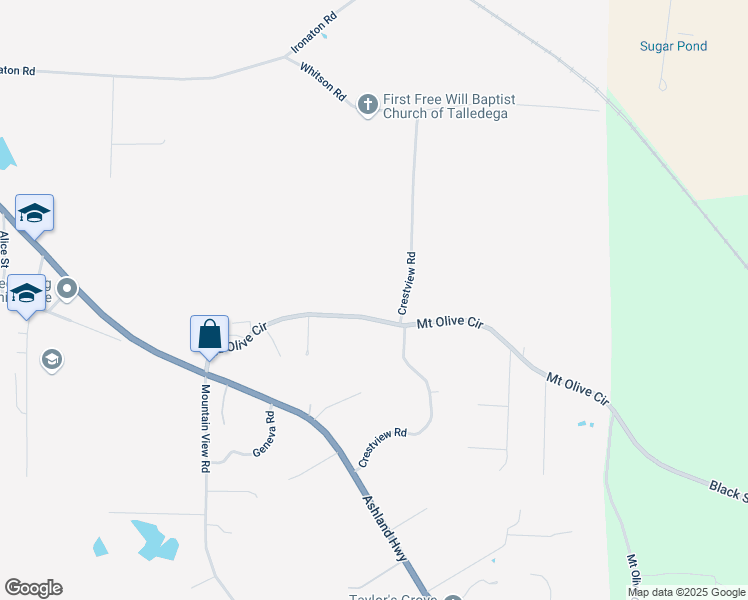 map of restaurants, bars, coffee shops, grocery stores, and more near 801 Mount Olive Circle in Talladega