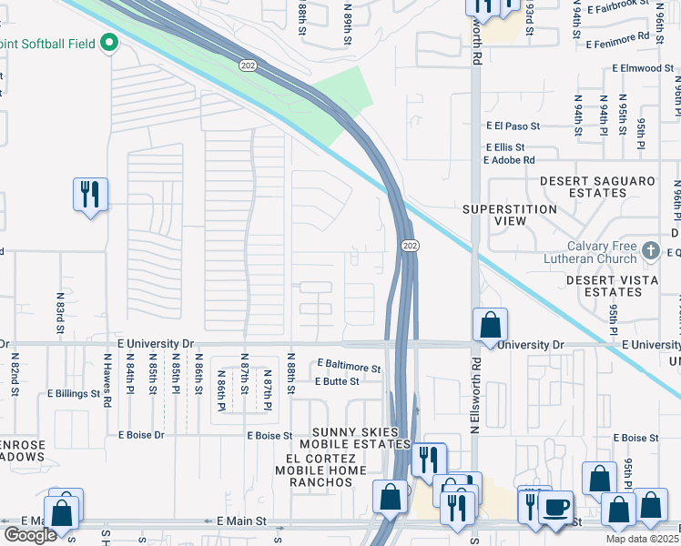 map of restaurants, bars, coffee shops, grocery stores, and more near 8802 East University Drive in Mesa