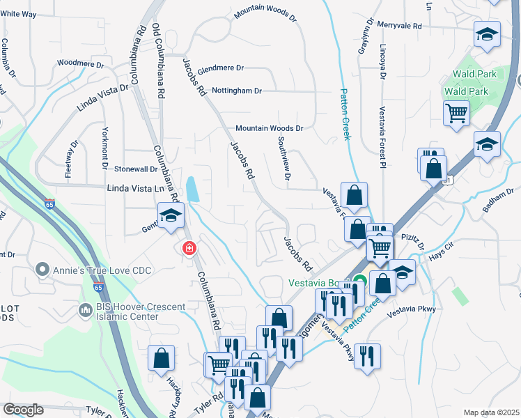 map of restaurants, bars, coffee shops, grocery stores, and more near 2575 Mountain Lodge Circle in Vestavia Hills
