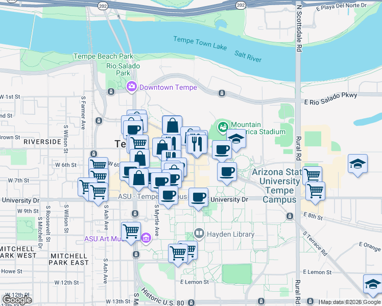 map of restaurants, bars, coffee shops, grocery stores, and more near in Tempe