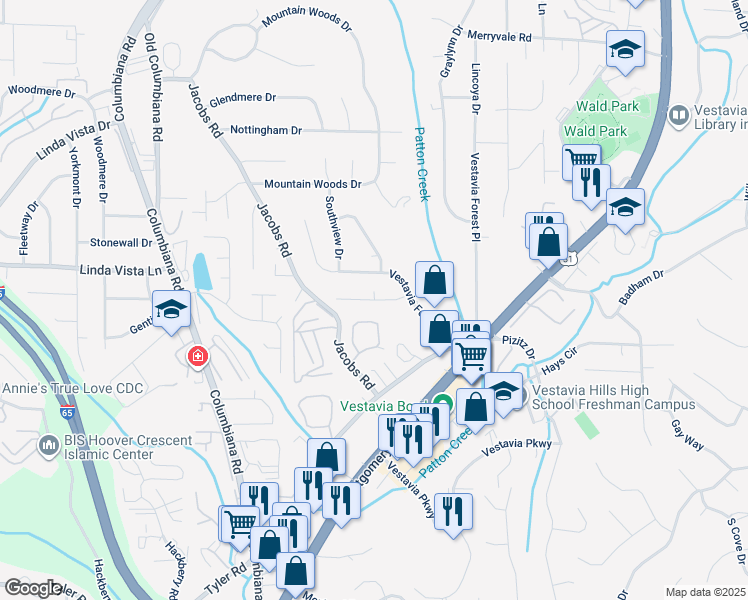 map of restaurants, bars, coffee shops, grocery stores, and more near 1822 Forest Haven Lane in Vestavia Hills