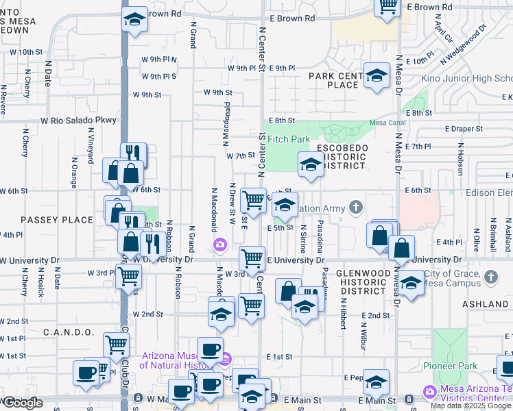 map of restaurants, bars, coffee shops, grocery stores, and more near 517 North Center Street in Mesa