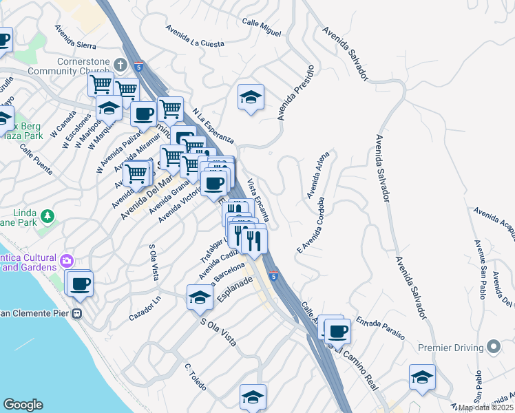 map of restaurants, bars, coffee shops, grocery stores, and more near 711 South El Camino Real in San Clemente