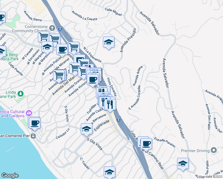 map of restaurants, bars, coffee shops, grocery stores, and more near 30 Vista Encanta in San Clemente