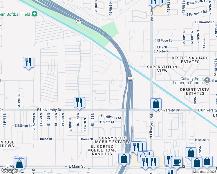 map of restaurants, bars, coffee shops, grocery stores, and more near 8802 East University Drive in Mesa