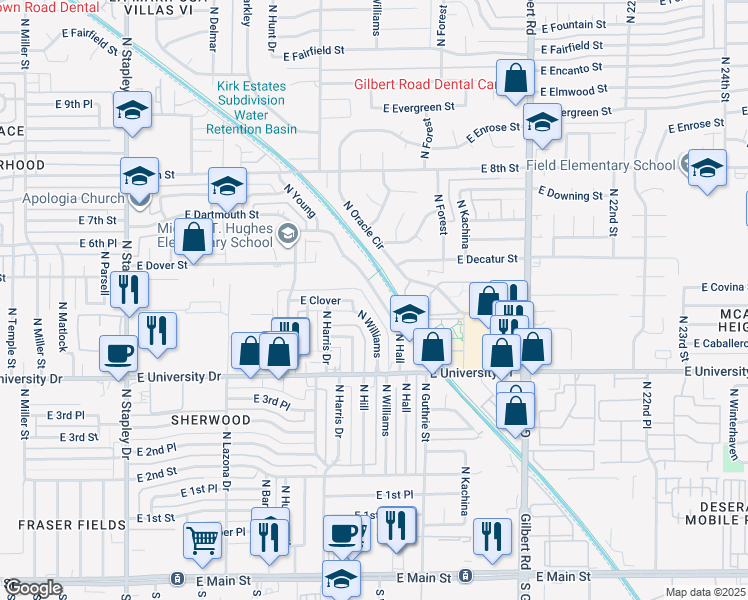 map of restaurants, bars, coffee shops, grocery stores, and more near 507 North Williams in Mesa