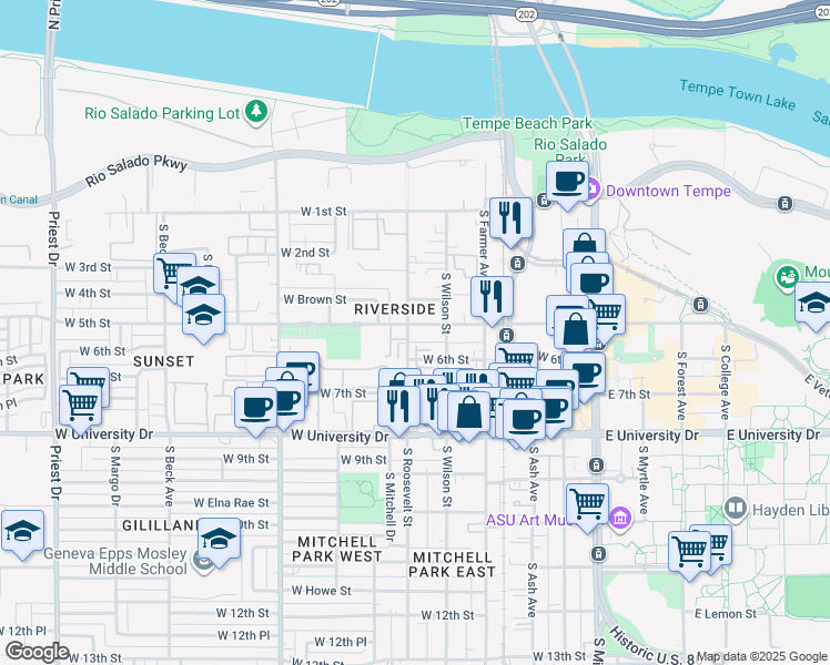 map of restaurants, bars, coffee shops, grocery stores, and more near 550 West 6th Street in Tempe