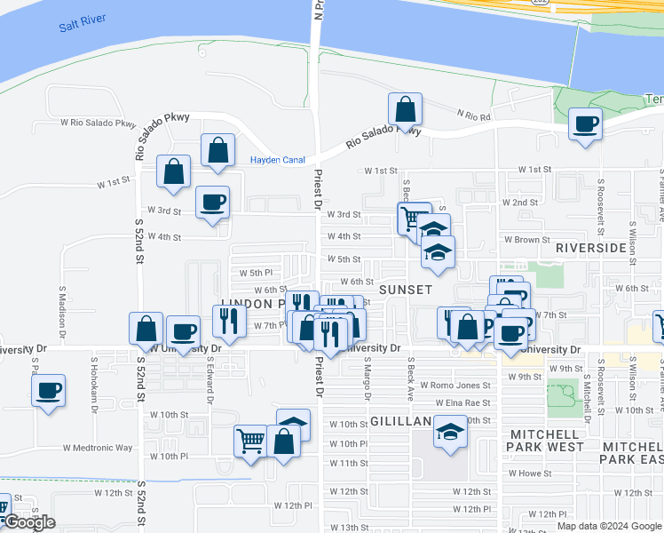 map of restaurants, bars, coffee shops, grocery stores, and more near 1329 West 6th Street in Tempe