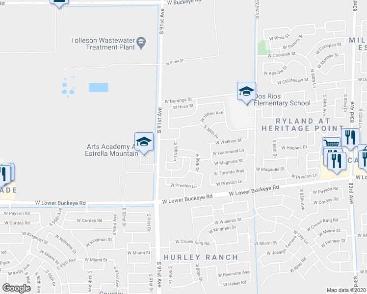 map of restaurants, bars, coffee shops, grocery stores, and more near 2502 South 90th Lane in Tolleson