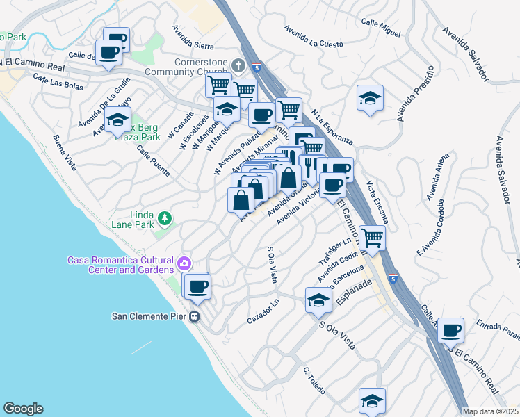 map of restaurants, bars, coffee shops, grocery stores, and more near 220 Avenida Victoria in San Clemente