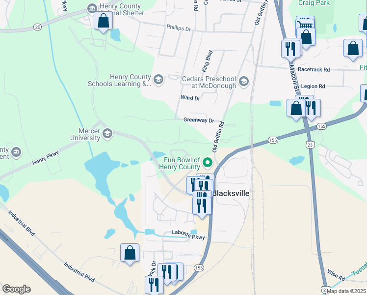 map of restaurants, bars, coffee shops, grocery stores, and more near 2028 Therron Drive in McDonough