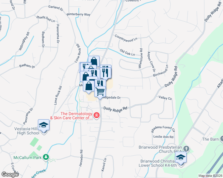 map of restaurants, bars, coffee shops, grocery stores, and more near 2528 Countrywood Trce in Vestavia Hills