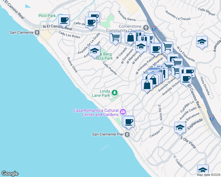 map of restaurants, bars, coffee shops, grocery stores, and more near 227 La Paloma in San Clemente
