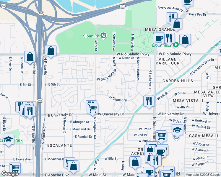 map of restaurants, bars, coffee shops, grocery stores, and more near 540 North May in Mesa
