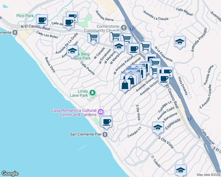 map of restaurants, bars, coffee shops, grocery stores, and more near 248 West Avenida Palizada in San Clemente