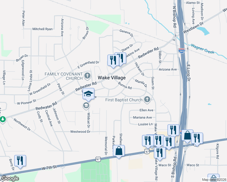 map of restaurants, bars, coffee shops, grocery stores, and more near 644 Arizona Avenue in Wake Village