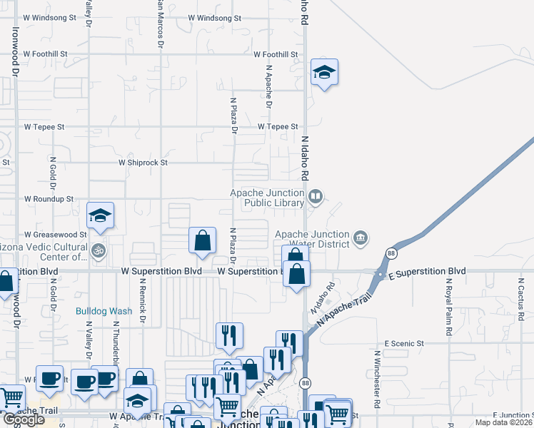 map of restaurants, bars, coffee shops, grocery stores, and more near 925 North Plaza Drive in Apache Junction
