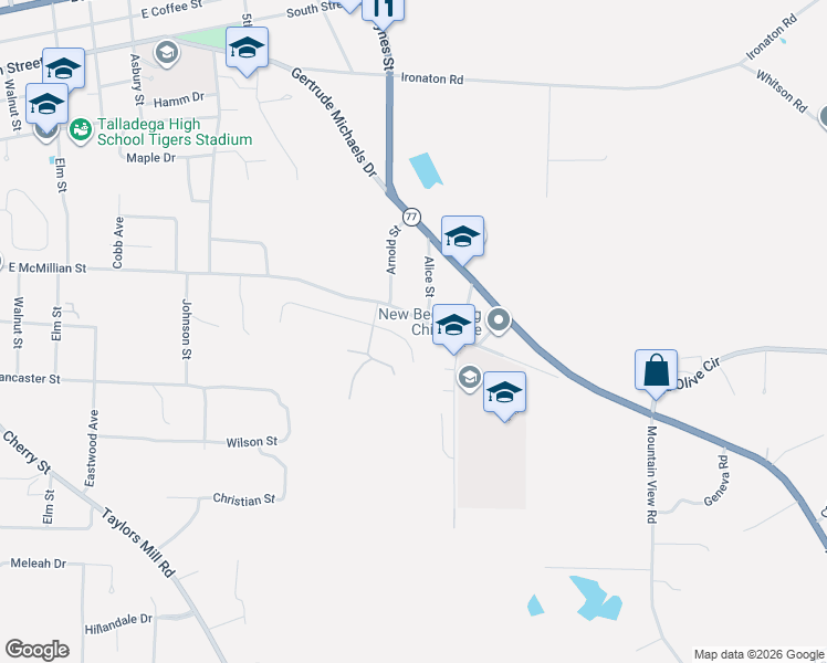 map of restaurants, bars, coffee shops, grocery stores, and more near 127 Roundabout Road in Talladega