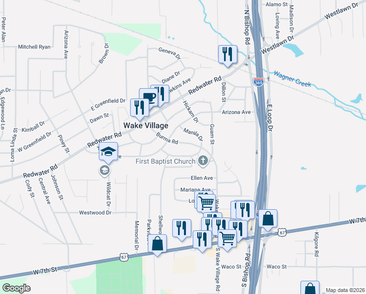 map of restaurants, bars, coffee shops, grocery stores, and more near 849 Singapore Drive in Wake Village