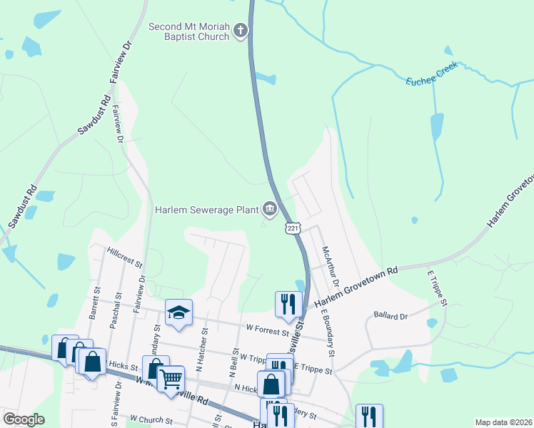 map of restaurants, bars, coffee shops, grocery stores, and more near 680 Appling Harlem Road in Harlem