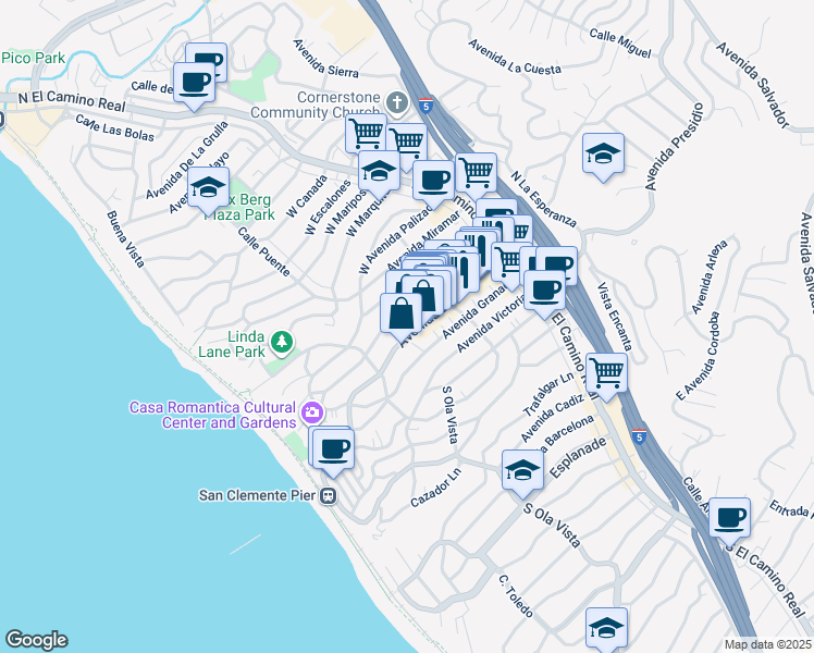 map of restaurants, bars, coffee shops, grocery stores, and more near 228 Avenida Del Mar in San Clemente