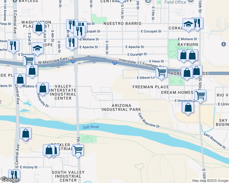 map of restaurants, bars, coffee shops, grocery stores, and more near 1000 East Hammond Lane in Phoenix