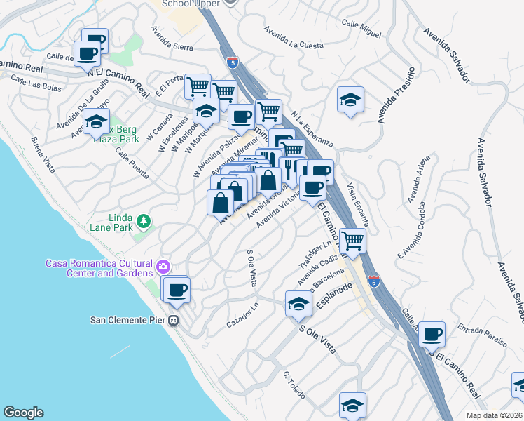 map of restaurants, bars, coffee shops, grocery stores, and more near 203 Avenida Granada in San Clemente