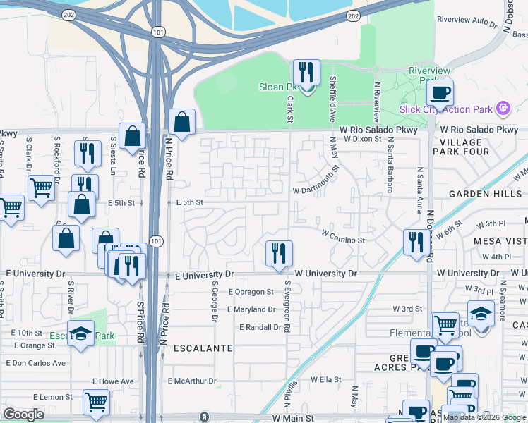 map of restaurants, bars, coffee shops, grocery stores, and more near 544 South Allred Drive in Tempe