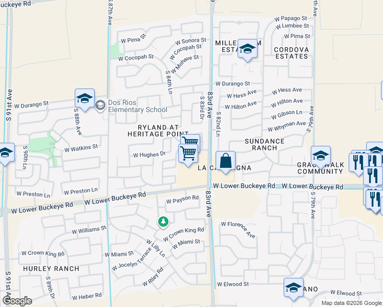 map of restaurants, bars, coffee shops, grocery stores, and more near 2626 South 83rd Avenue in Phoenix