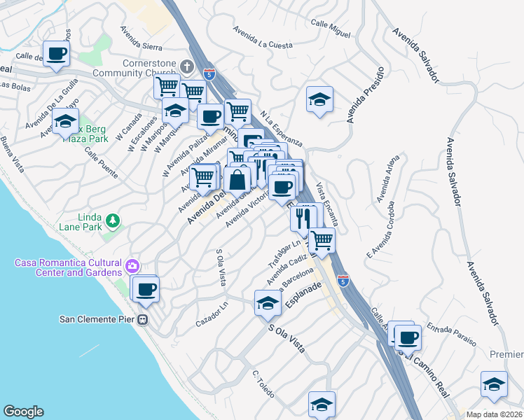map of restaurants, bars, coffee shops, grocery stores, and more near in San Clemente