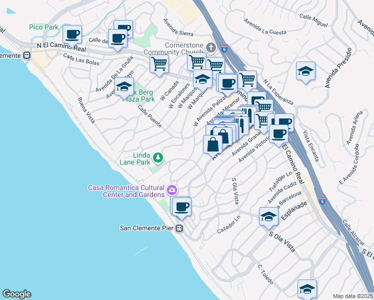 map of restaurants, bars, coffee shops, grocery stores, and more near in San Clemente